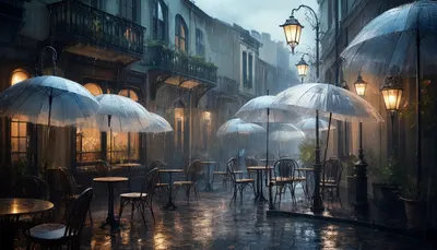 Rainy Street With Umbrellas And Lamps