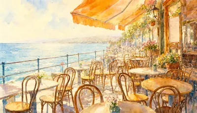 Seaside Cafe With Empty Chairs in a warm palette