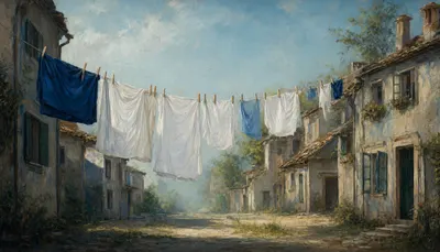 Laundry Line Between Old Houses in a cool palette