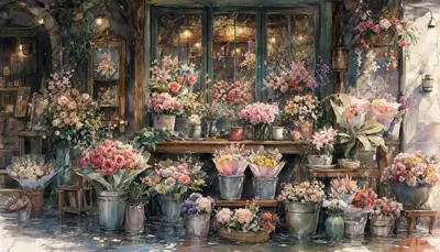 Flower Shop Front With Buckets in watercolour