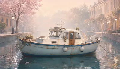 Small Boat Moored On A Calm Canal in a soft palette