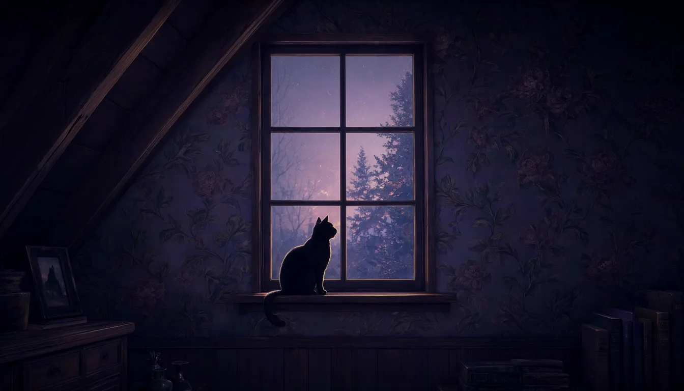 Attic Window With A Cat Silhouette in a deep palette