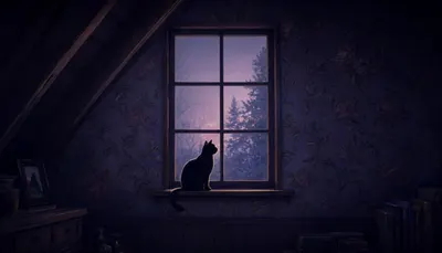 Attic Window With A Cat Silhouette in a deep palette