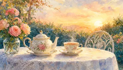 Garden Table With Tea At Sunset