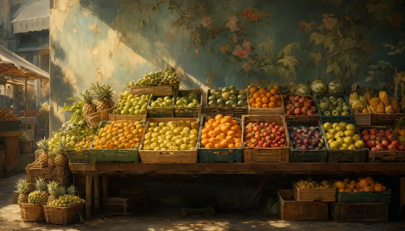 Market Stall With Fruit Crates in an oil painting style