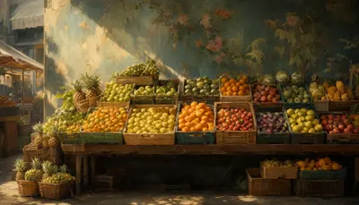 Market Stall With Fruit Crates in an oil painting style