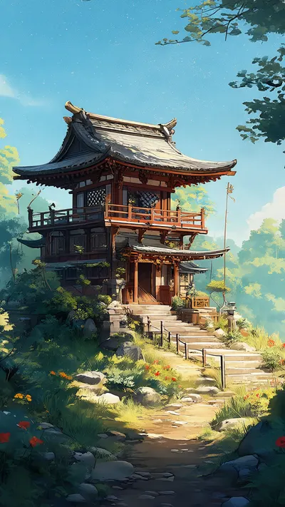 Anime Hillside Shrine with subtle grain