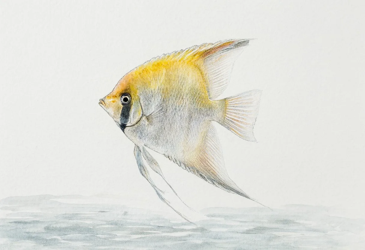 Angelfish ข้างน้ำนิ่งสงบสีน้ำ