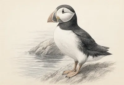 Puffin beside calm water Pencil Sketch