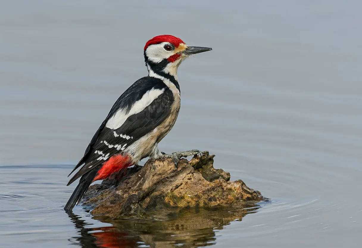 Woodpecker beside calm water