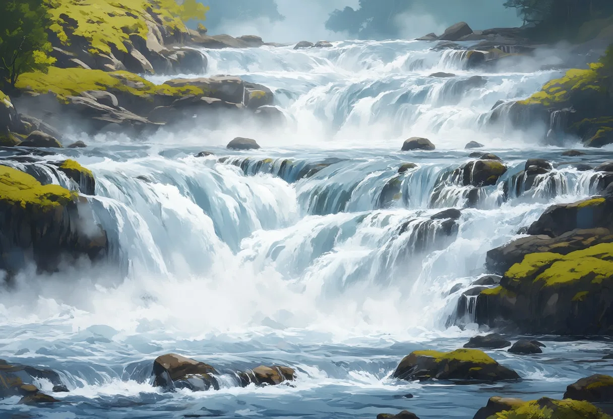 Rocky River Rapids in soft mist Digital Illustration