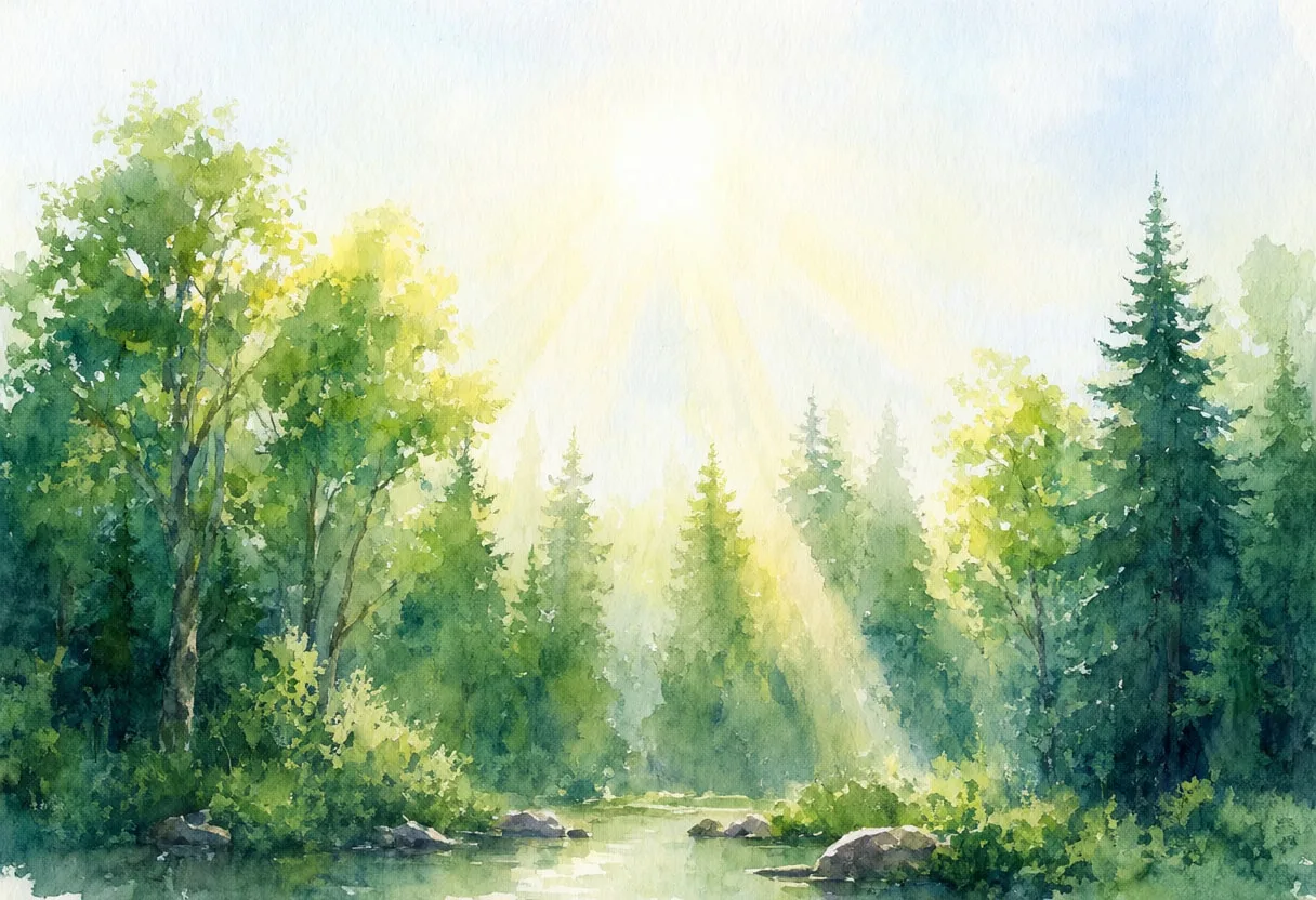 Sunbeams In Dense Forest at dawn Watercolour