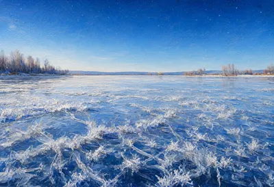 Frost Patterns On Lake Ice under a starry sky Oil Painting
