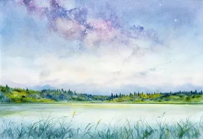 ทางช้างเผือกเหนือทะเลสาบใต้ท้องฟ้าอันน่าทึ่งสีน้ำ