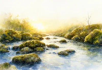Creek Through Mossy Stones at golden hour Watercolour