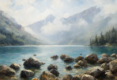 Alpine Lake With Boulders in soft mist Oil Painting