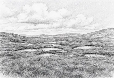Highland Bog Pools under a dramatic sky Pencil Sketch