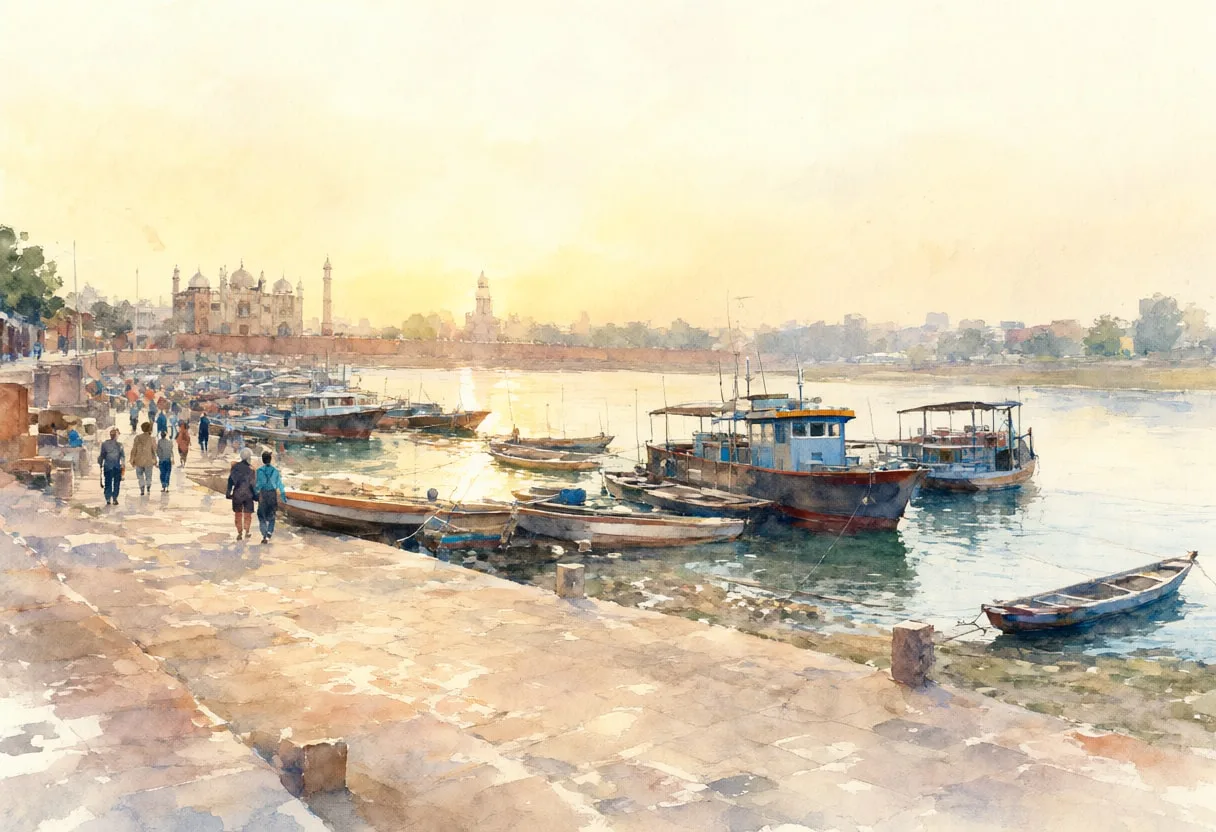 Agra Riverside in warm evening light Watercolour