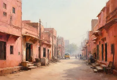 Jaipur Pink Street in soft mist Oil Painting