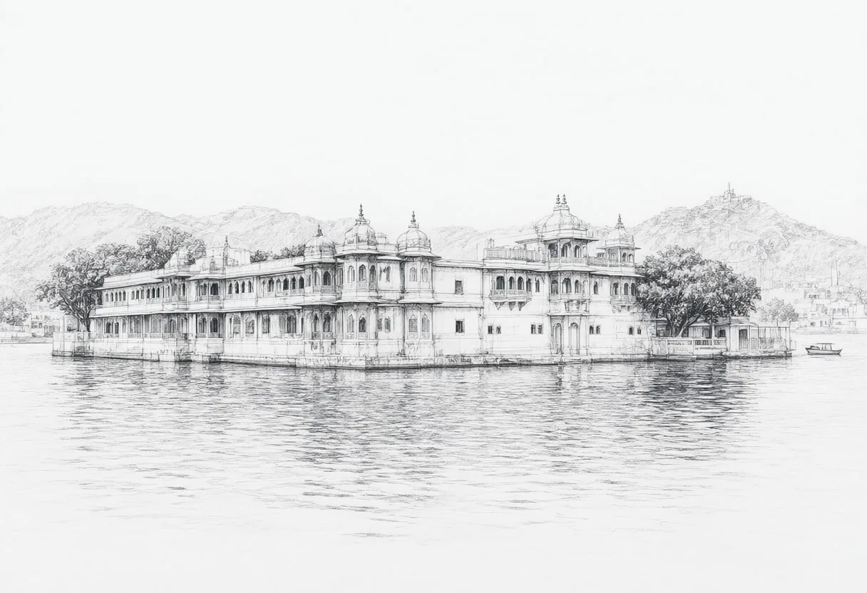 Udaipur Lake Palace on a quiet day Pencil Sketch