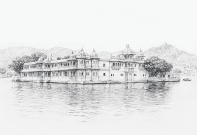 Udaipur Lake Palace on a quiet day Pencil Sketch