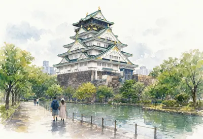 Osaka Castle Park in the rain Watercolour