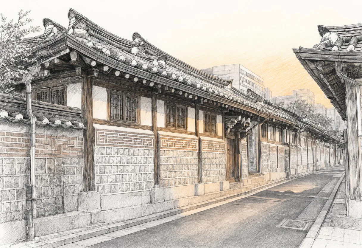 Seoul Hanok Alley in warm evening light Pencil Sketch
