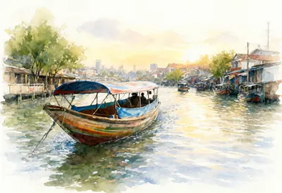 เรือคลองกรุงเทพตอนพระอาทิตย์ขึ้นสีน้ำ