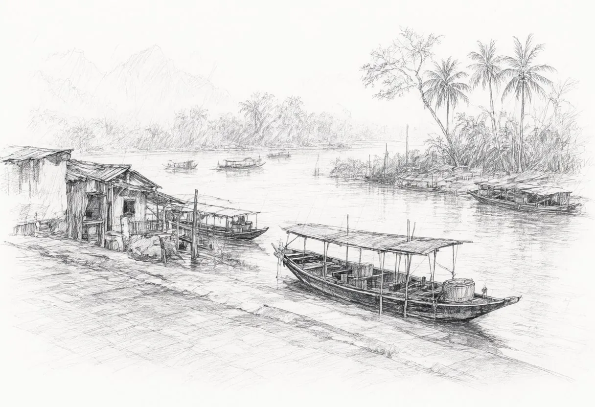 Luang Prabang River in the rain Pencil Sketch