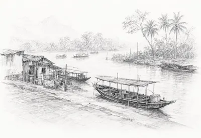 Luang Prabang River in the rain Pencil Sketch