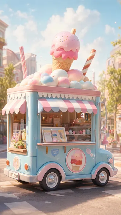 Cartoon Ice Cream Truck On A Sunny Street in a soft palette