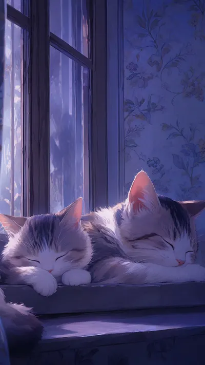 Cartoon Cat Sleeping On A Windowsill in a deep palette