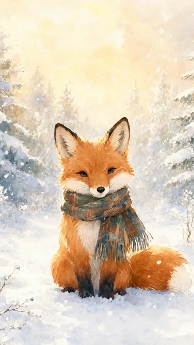 Cartoon Fox In A Scarf In The Snow in a warm palette