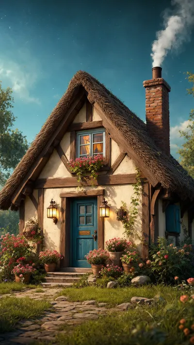 Cartoon Cottage With A Smoking Chimney with subtle grain