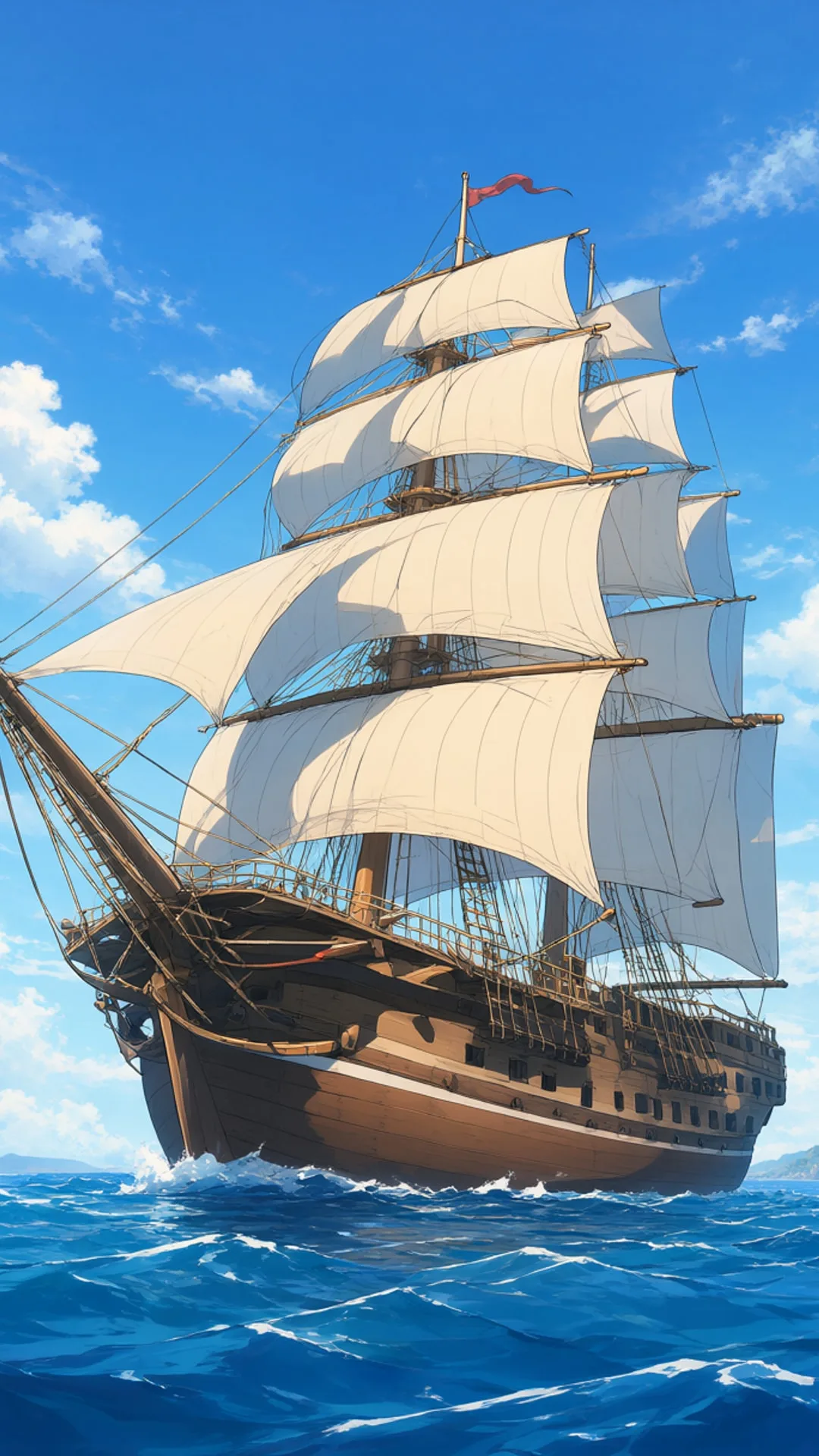 เรือใบการ์ตูนบนทะเลคลื่นที่มีสัมผัสน้อยที่สุด