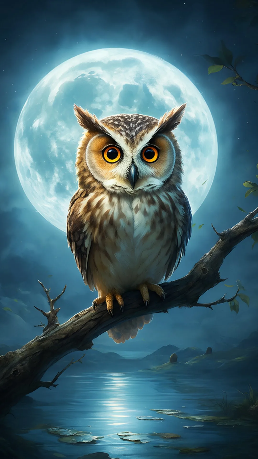 Cartoon Owl On A Moonlit Branch in watercolour