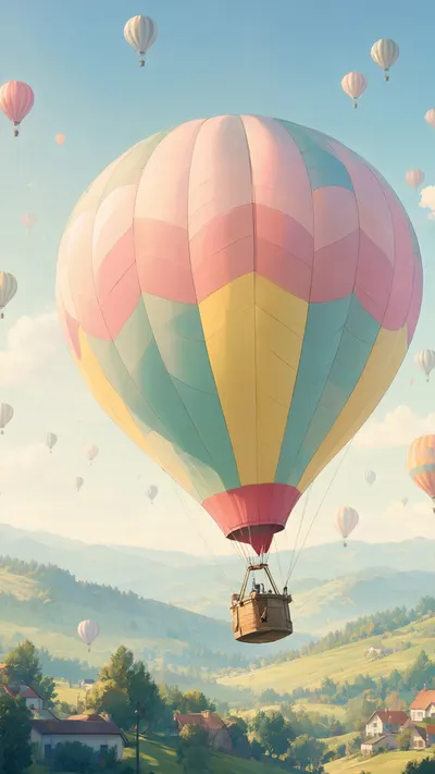 Cartoon Hot Air Balloon Over Hills in a soft palette