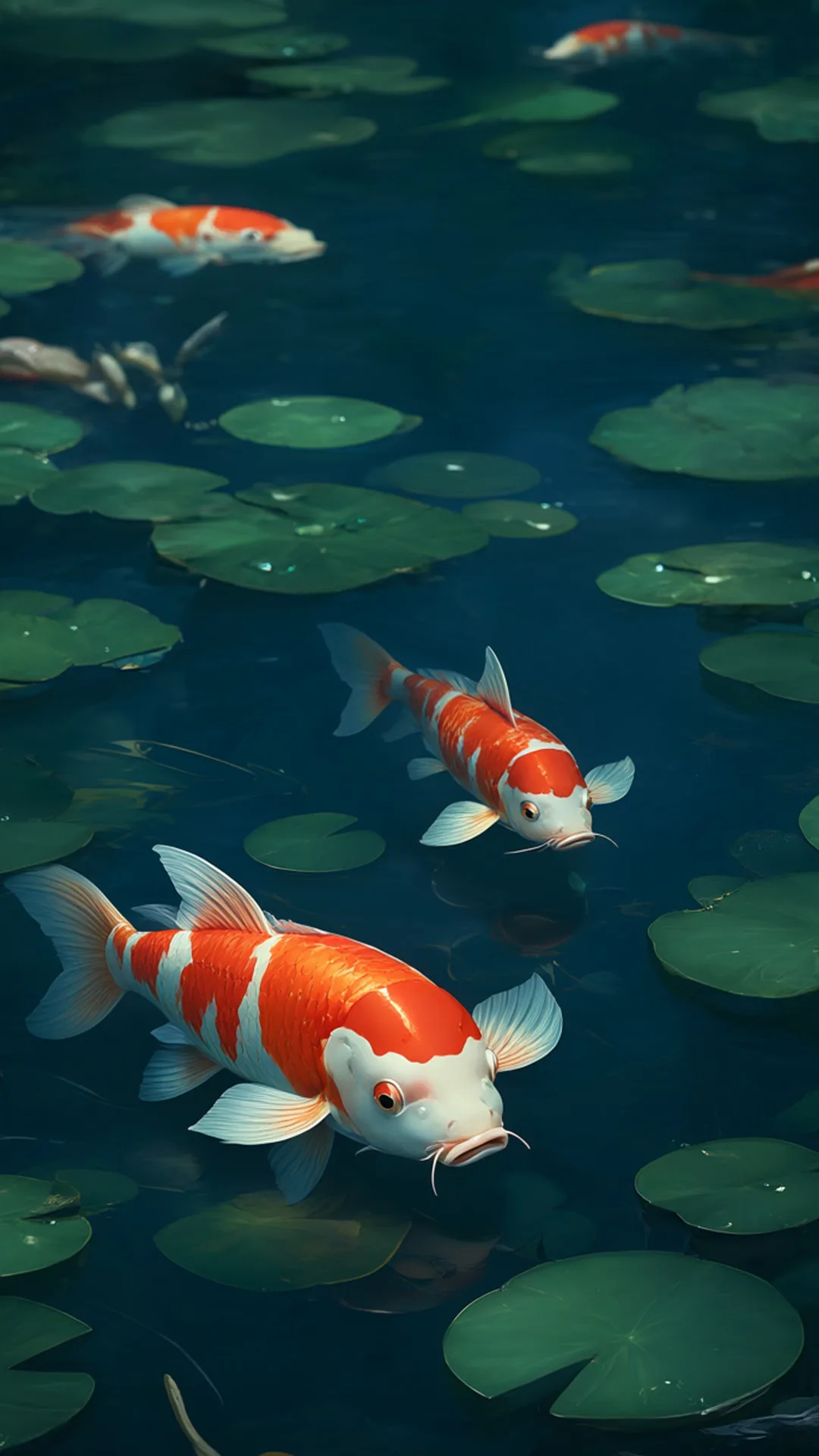 Cartoon Koi Pond With Lily Pads ในจานสีลึก