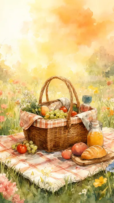 Cartoon Picnic Basket In A Meadow ในโทนสีอบอุ่น