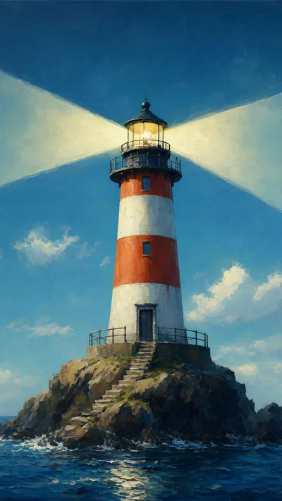 Cartoon Lighthouse With A Beam in a cool palette