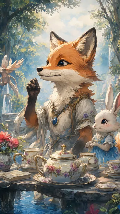 Cartoon Fox And Rabbit Having Tea in watercolour