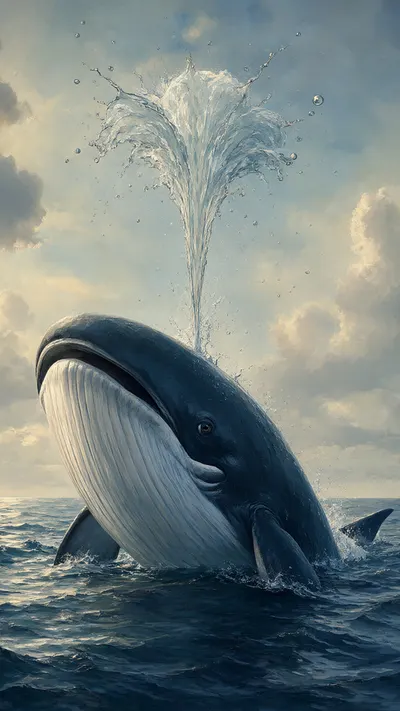 Cartoon Whale Spouting Water in an oil painting style