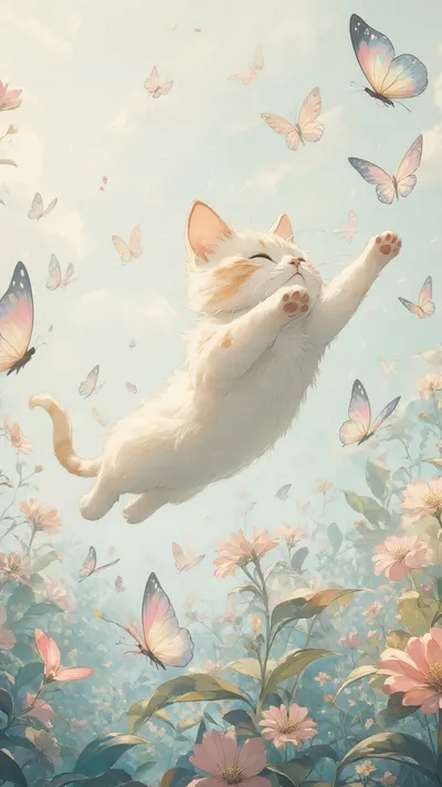 Cartoon Cat Chasing Butterflies in a soft palette