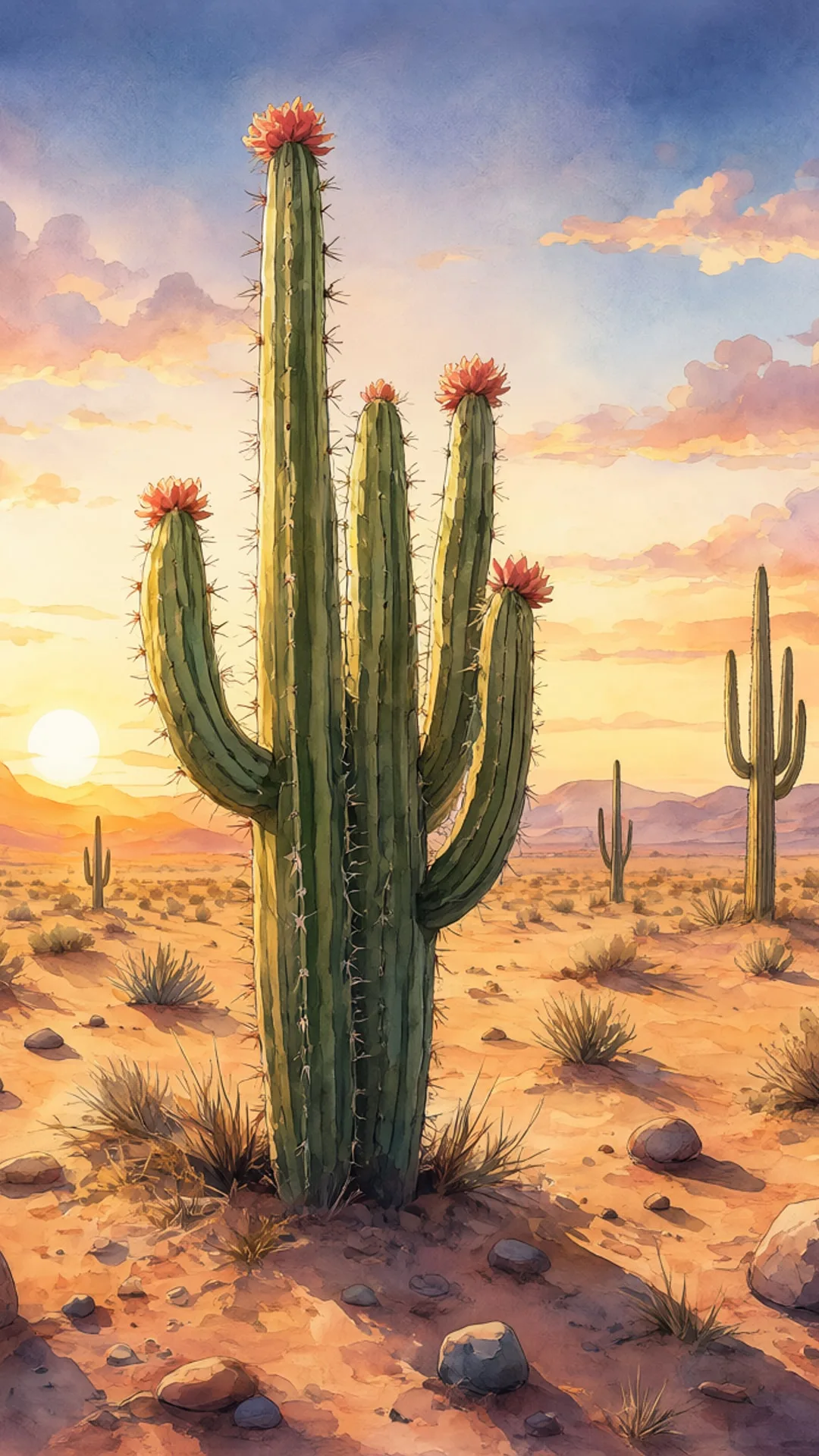Cartoon Cactus ในทะเลทรายซันเซ็ท