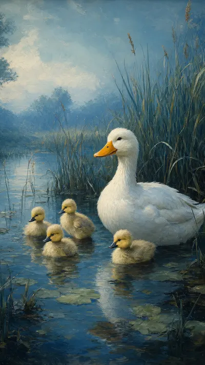 การ์ตูน Duck Family On A Pond ในพาเลทสีโทนเย็น