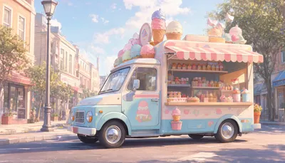 Cartoon Ice Cream Truck On A Sunny Street in a soft palette