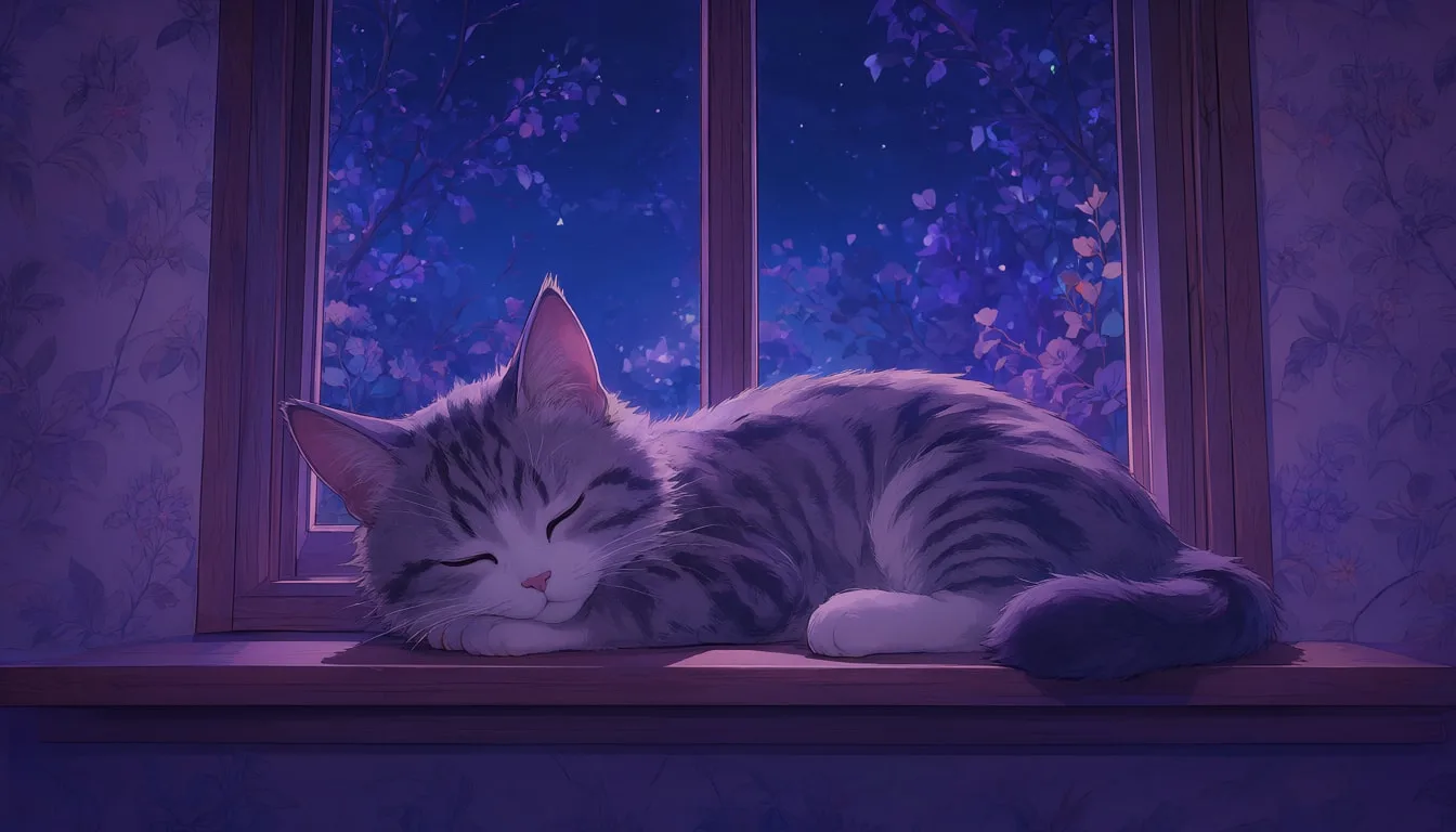 Cartoon Cat Sleeping On A Windowsill in a deep palette