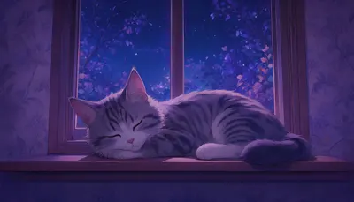 Cartoon Cat Sleeping On A Windowsill in a deep palette