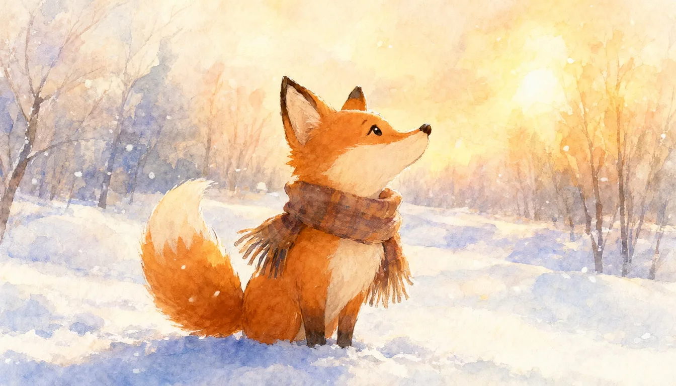 Cartoon Fox In A Scarf In The Snow in a warm palette