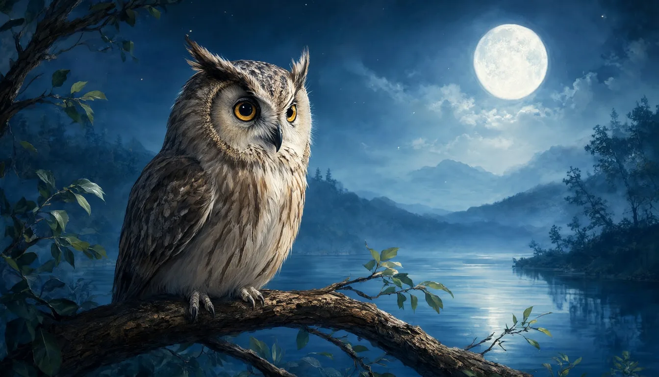 Cartoon Owl On A Moonlit Branch in watercolour
